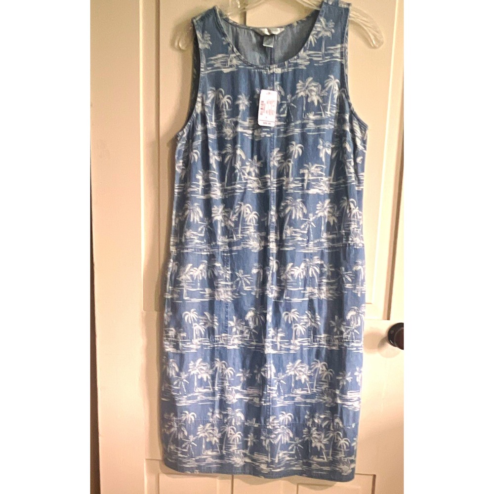 Christopher & Banks Shift Dress S Denim Blue White Palm Tree Print Sleeveless